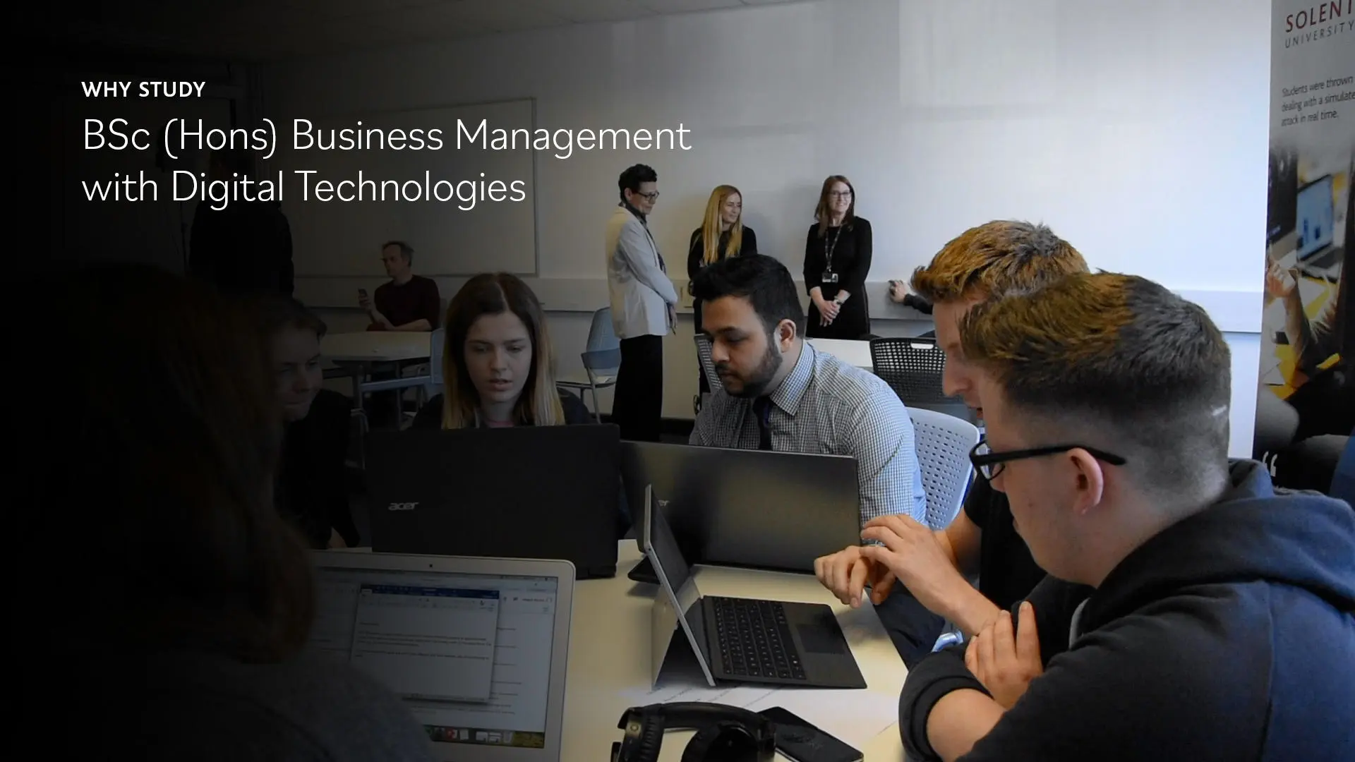 Image of students in a classroom working at computers, alongside text that says 'Why study BSc (Hons) Business Management with Digital Technologies'. 