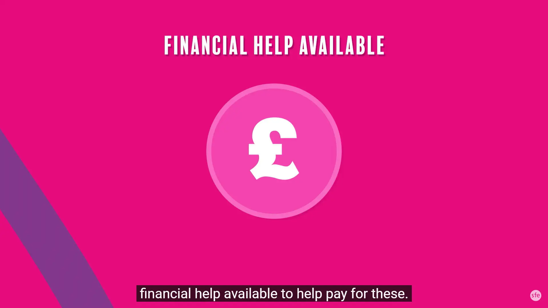 Screenshot from the SFE video showing the words 'Financial help available' and a pound sign in a circle