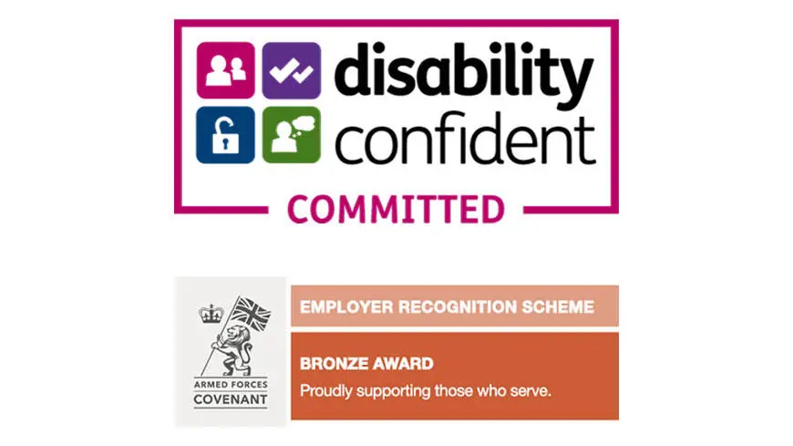 Disability Confident logo and Armed Forces Covenant Employer Recognition Scheme Bronze Award logo
