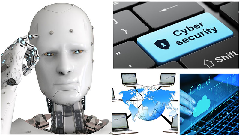 Image montage showing a robot, a computer key saying 'cyber security', a graphic of the globe surrounded by laptops, and a stylised laptop keyboard