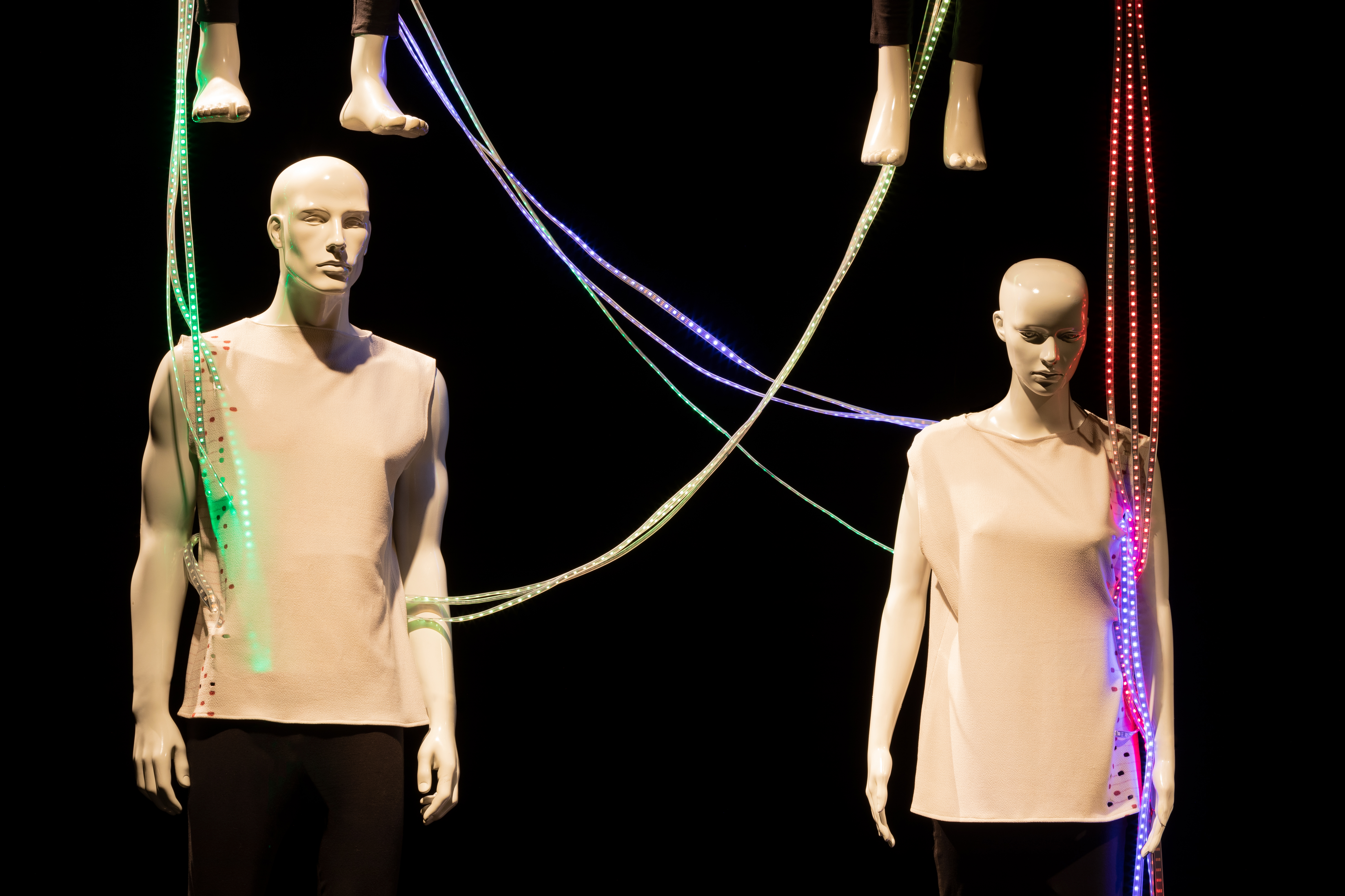 Final major project by an MA student - show mannequins draped in string lights 