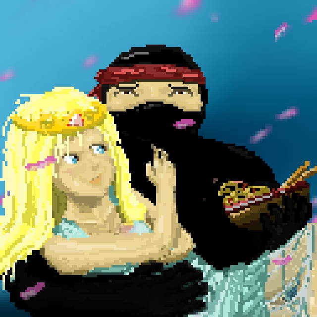 Image shows illustration of the Binger Ninja character and his love interest