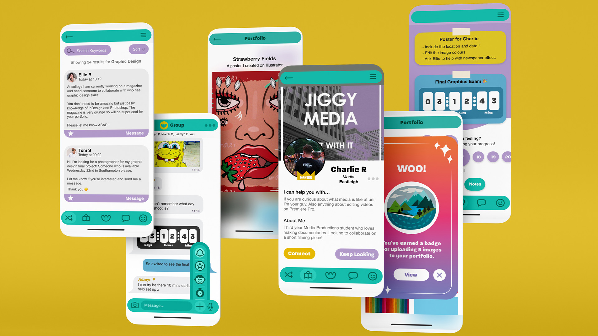 Picture shows mobile phone screens using the app 'flair'