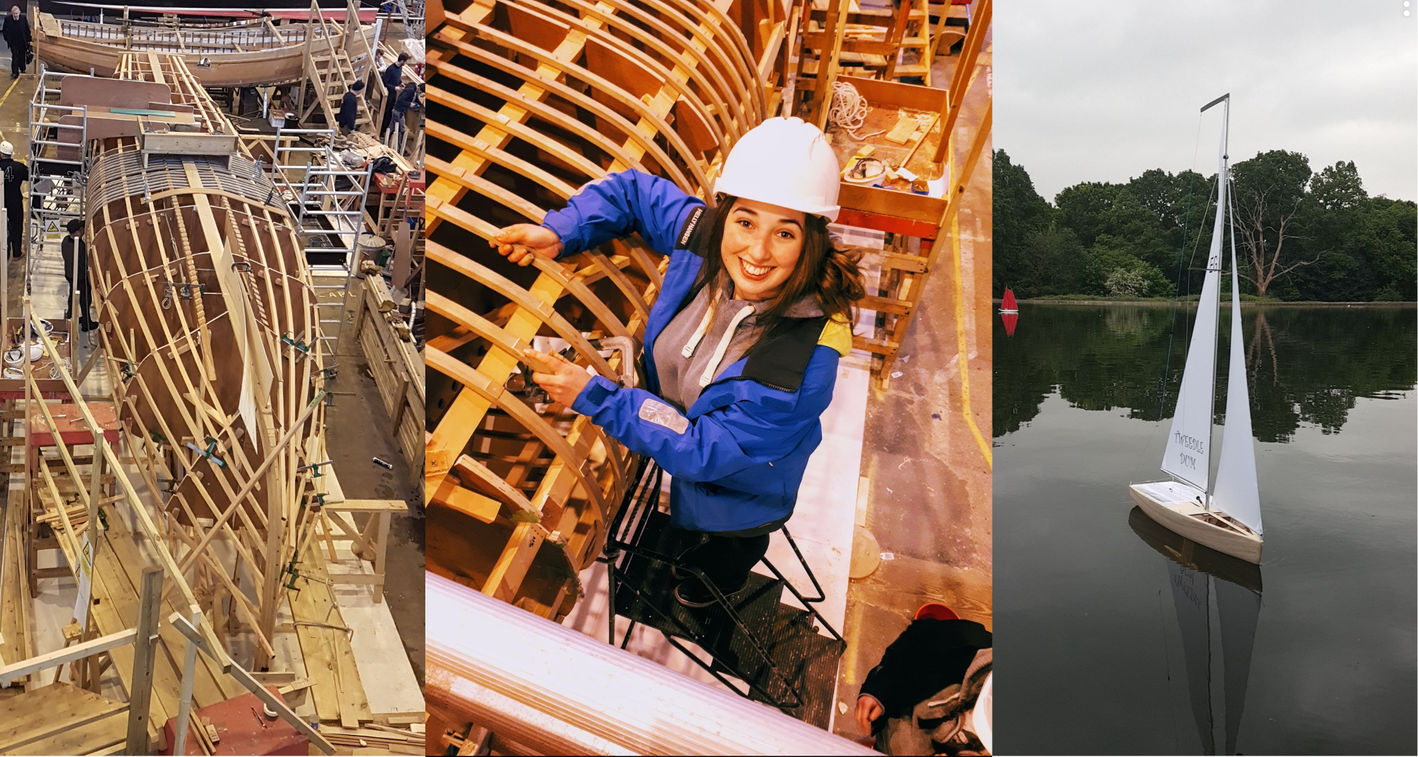 Naval construction; Elodie Grenen working on a hull build; Elodie's handmade model yacht, designed and built for Solent's annual race