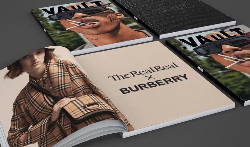 Picture shows spread of Vault magazine with text reading 'The RealReal x Burberry'. 