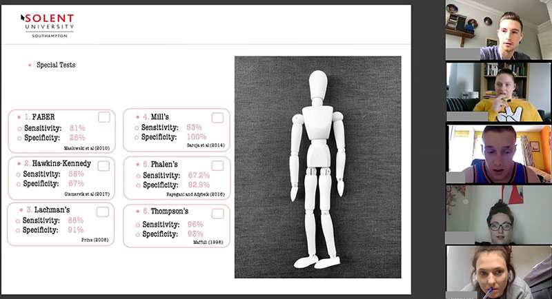 Screen shot of a presentation and students taking part in an online lecture