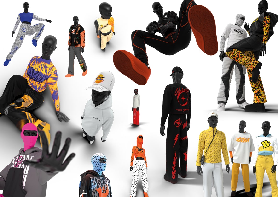Images of multiple manikins wearing streetwear in an assortment of colours from bright pink and yellow to blue and orange.