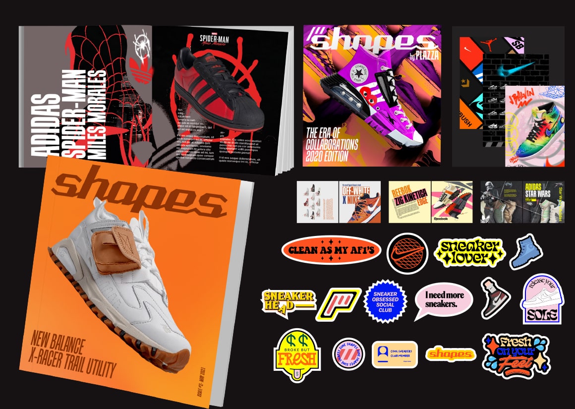 A collage of different designs and stickers showing trainers