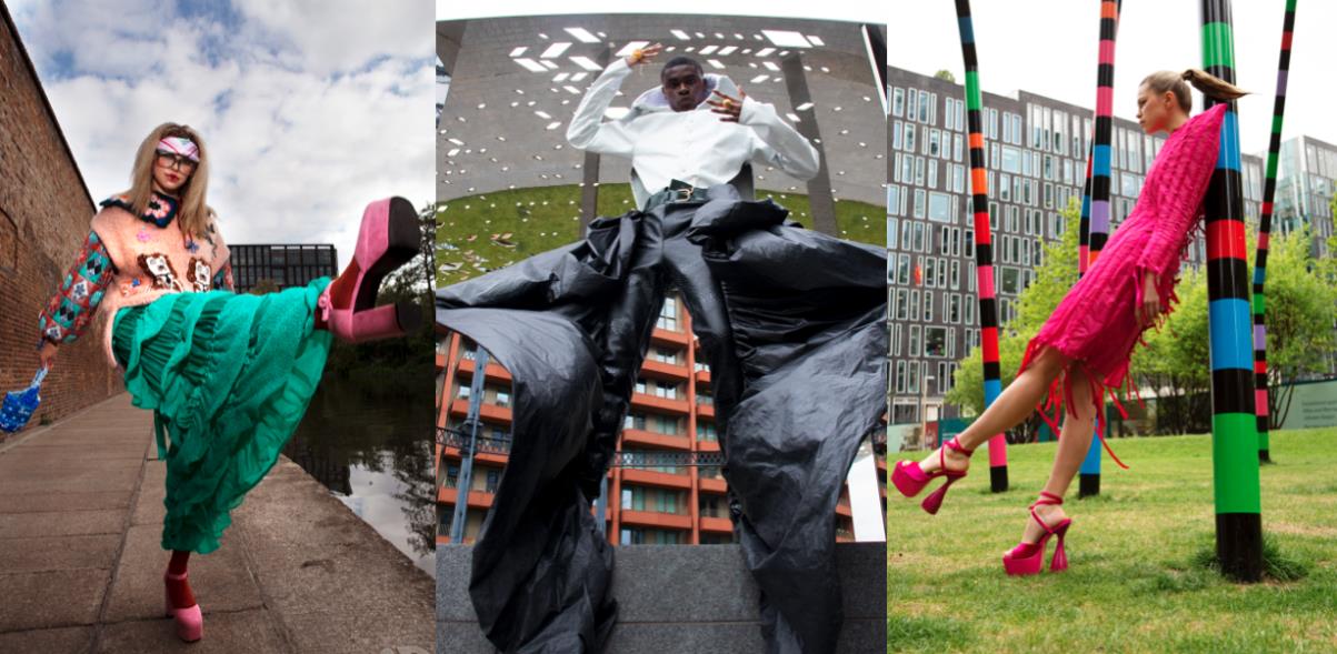 Three images of fashion models wearing different designs.