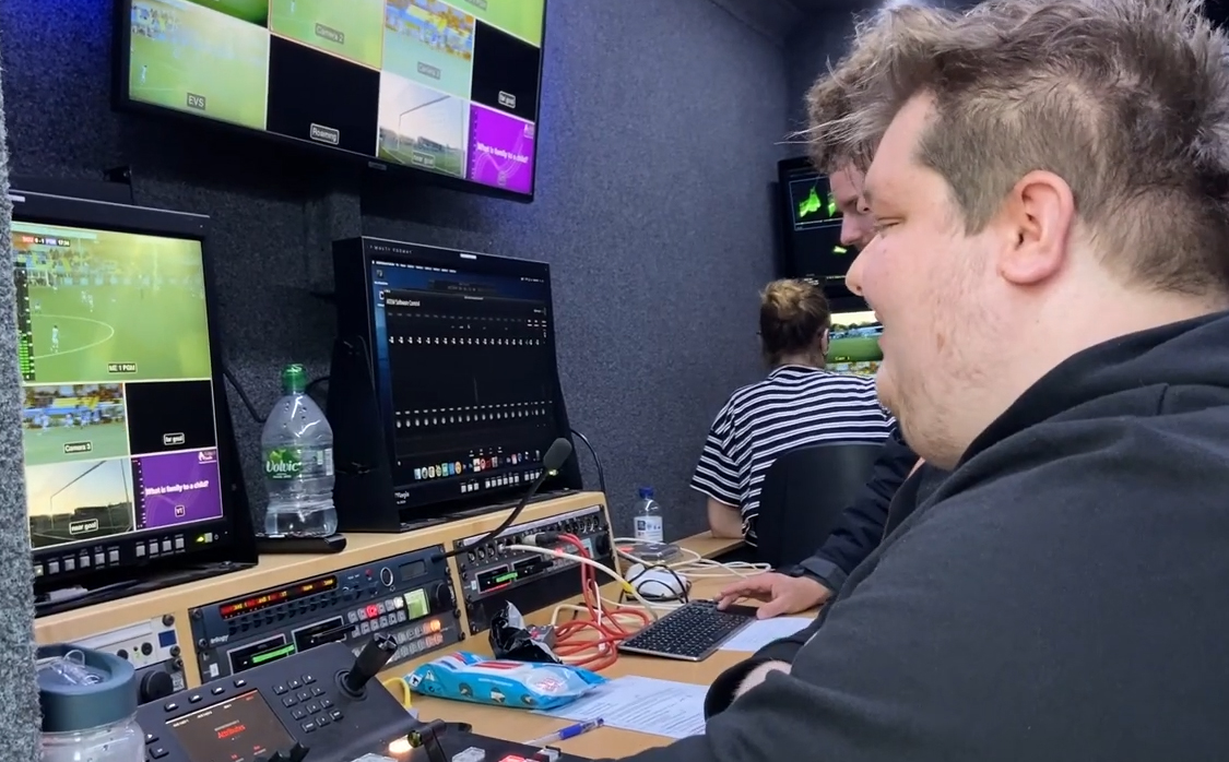 Picture shows students working inside Solent's outside broadcast vehicle