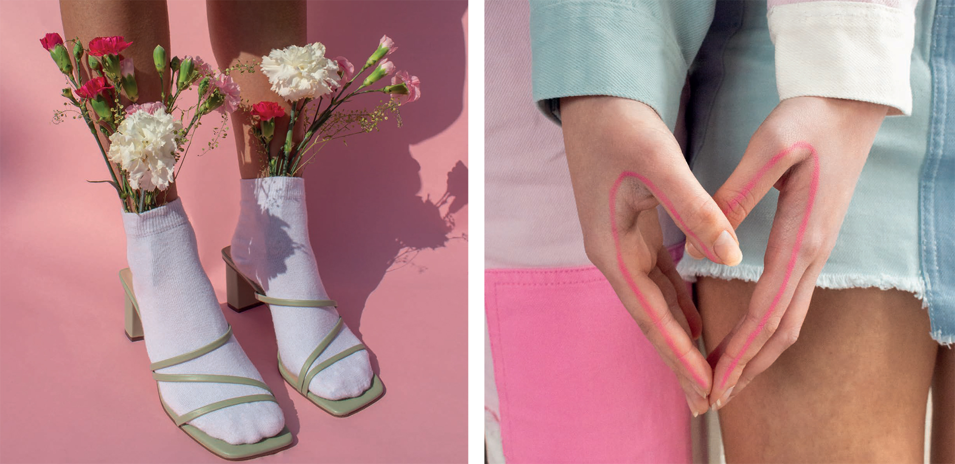 Image shows shoes with flowers in, and two hands together creating a heart 