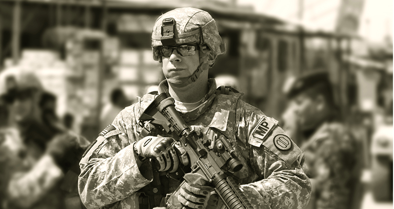 Picture shows American Soldier in black and white effect