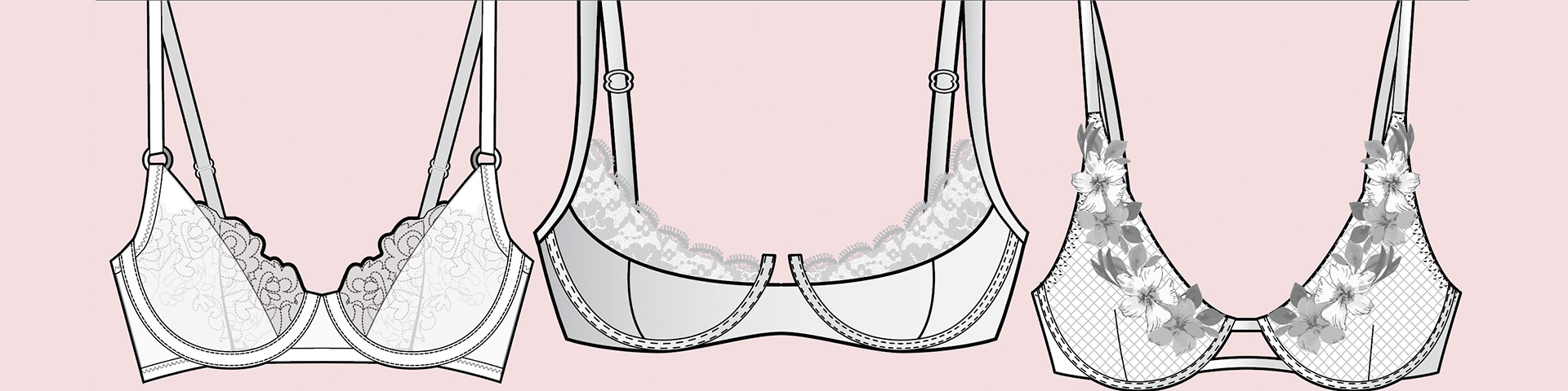 Picture shows three bras on pink background