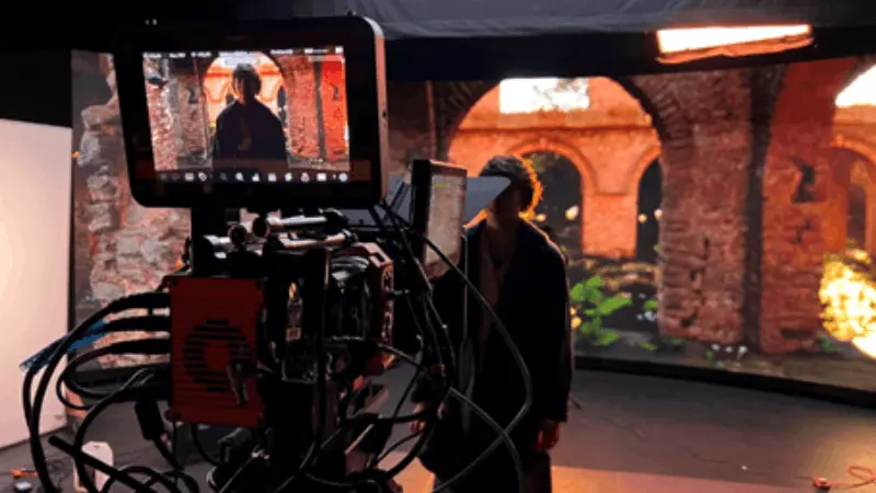 TV camera and virtual production screen