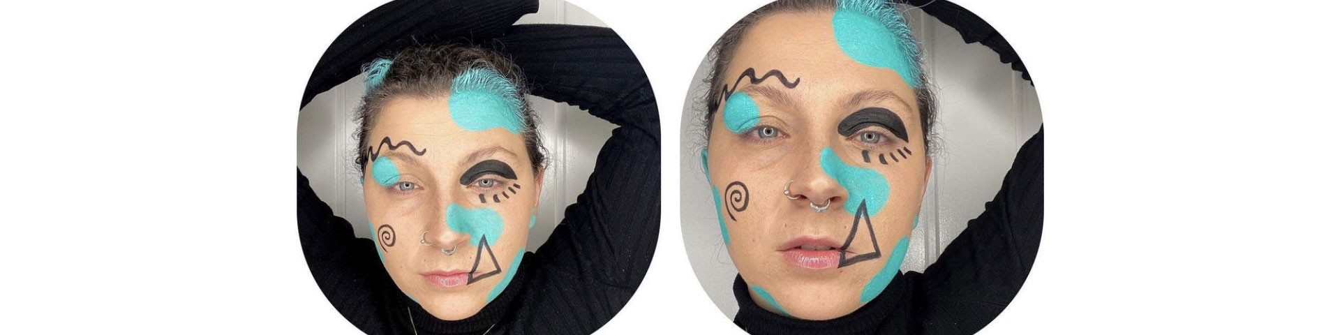 Images show a make-up look created by Annistasia Chandler featuring geometric patterns in blue and black