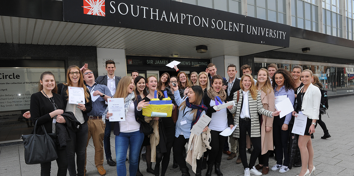 Group of European students outside the Solent Business School.
