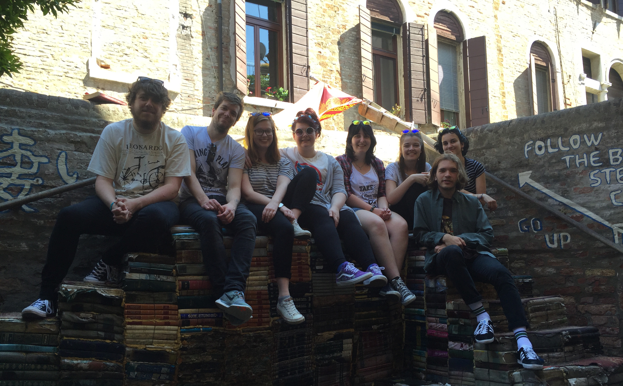 At the Libreria Acqu'alta in Venice: George Pugh (BA English), Martin Tvenning (Norwegian student, BA English), Lottie King (BA English & Creative Writing), Jess Bentley (BA English & Creative Writing), Poppy O'Brien (BA English & Creative Writing), Sophi