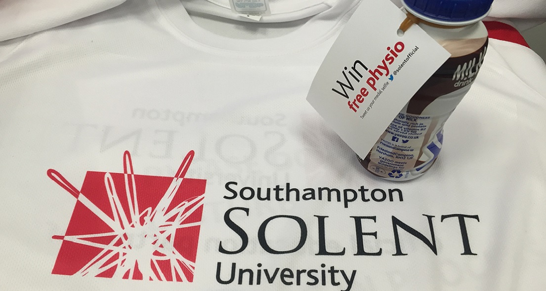 T-shirt with the Solent logo, and a bottle of milkshake