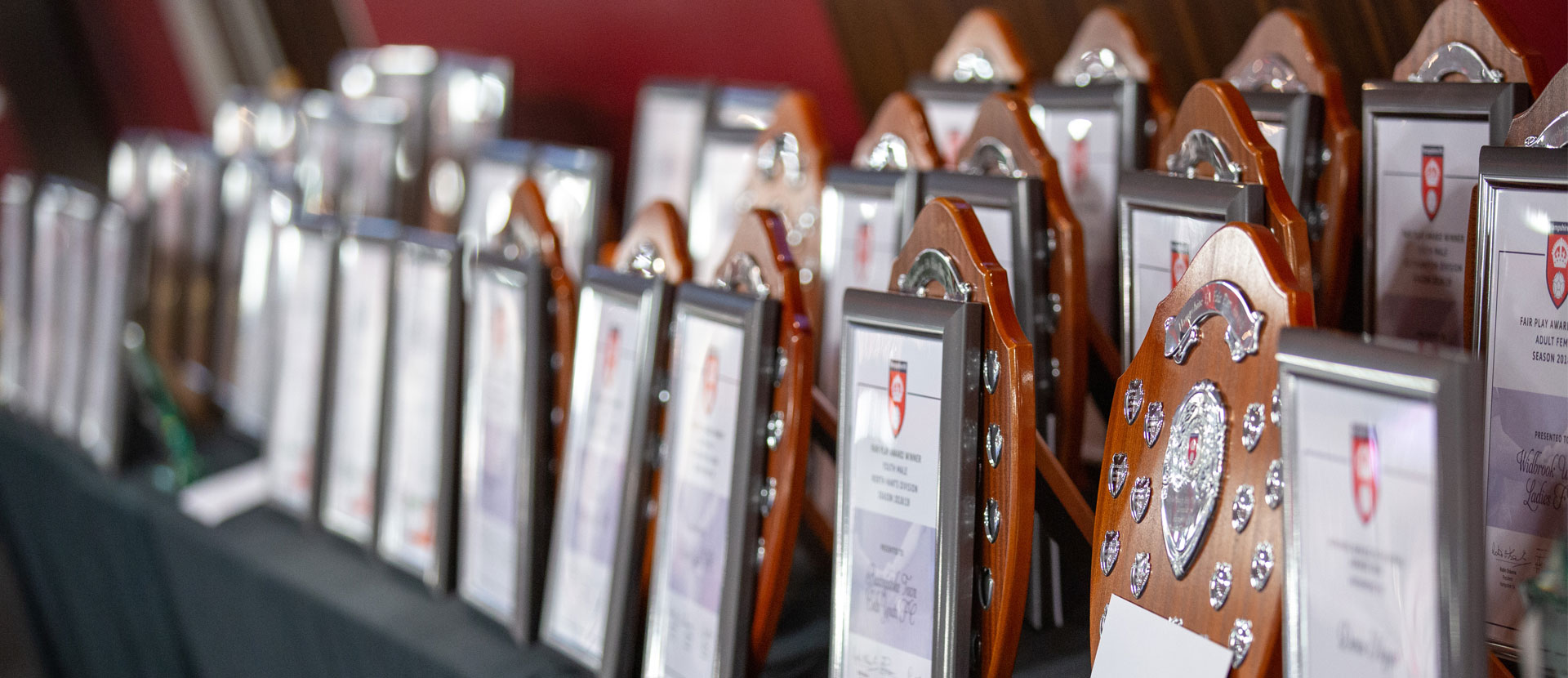 The trophies and plaques laid out on a table at the Hampshire FA Grassroots Awards