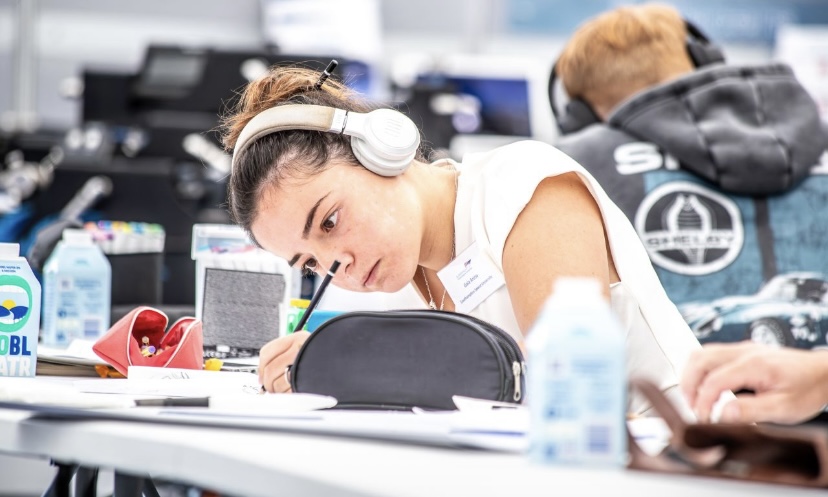 Gaia studying in classroom