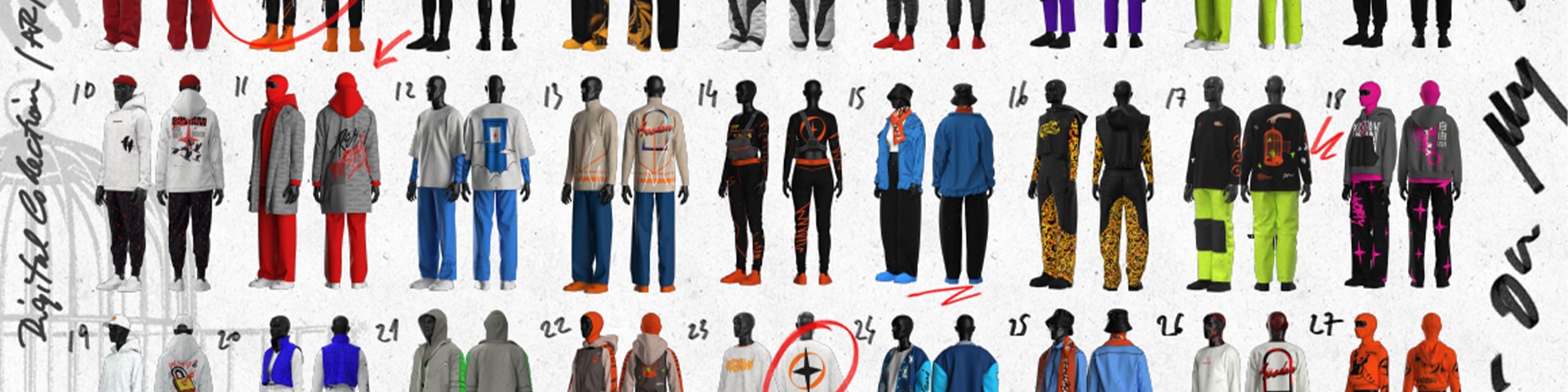 image of many manikins in a line wearing an assortment of clothing