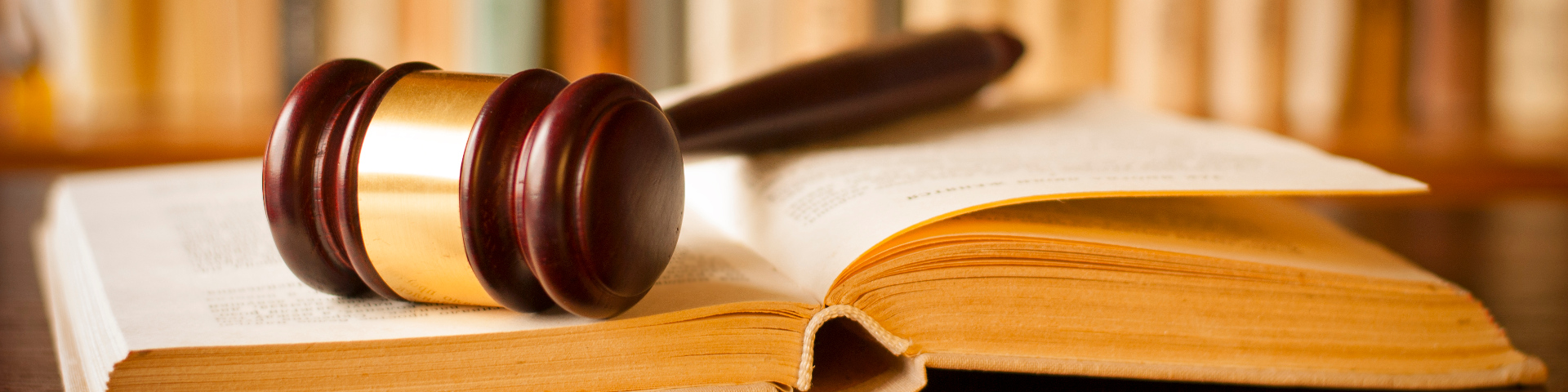 A legal gavel rests on top of a law textbook in the library