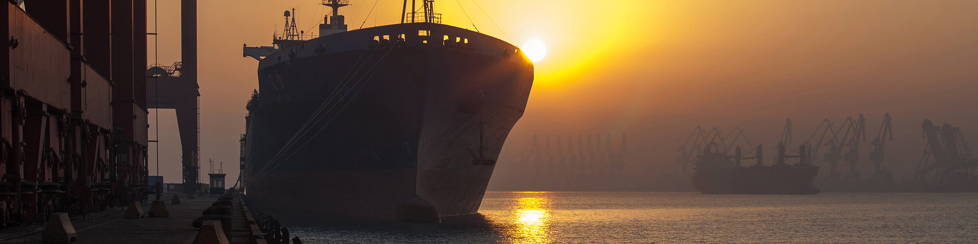 A container ship at port, being unloaded