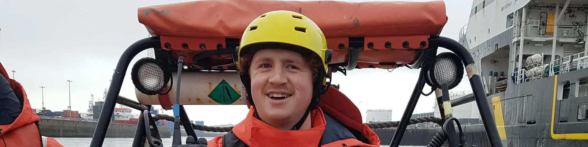 Matthew Gigg in a survival craft