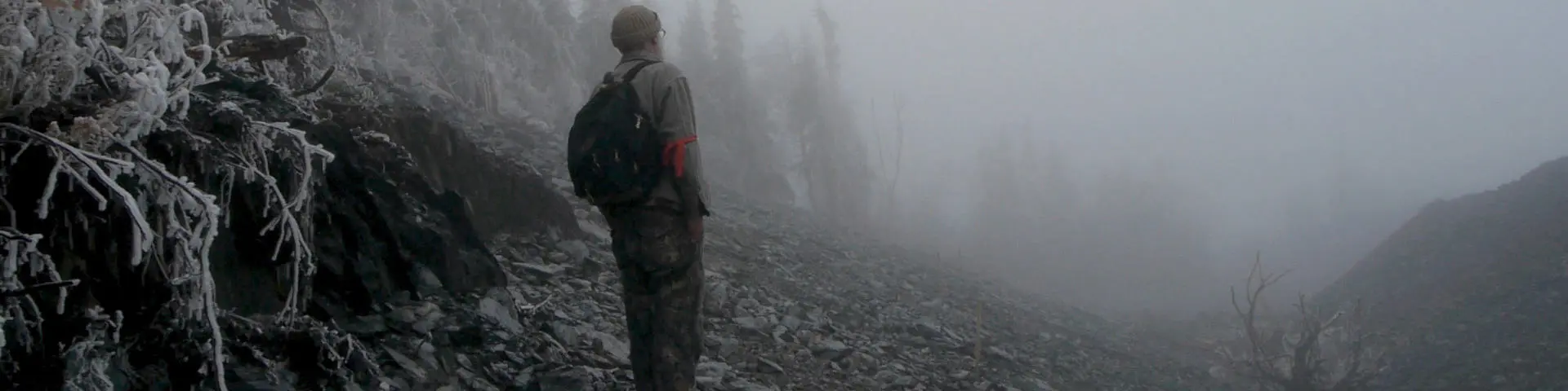 Promotional image used for Michael Moore's documentary, snowy landscape with man in centre