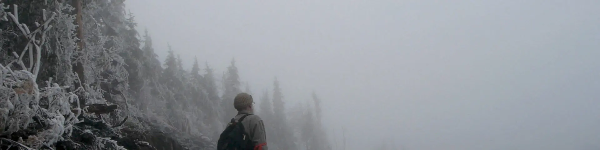 Promotional image used for Michael Moore's documentary, snowy landscape with man in centre