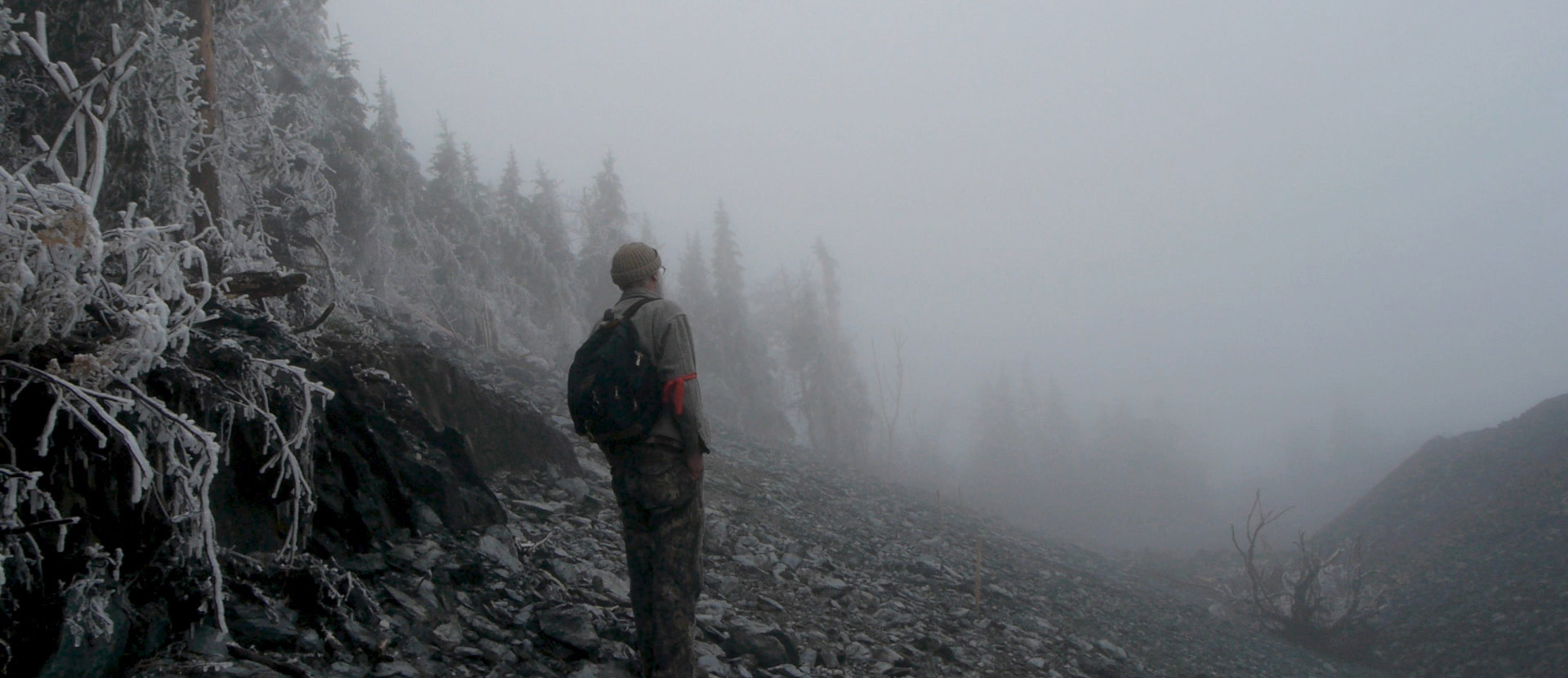 Promotional image used for Michael Moore's documentary, snowy landscape with man in centre