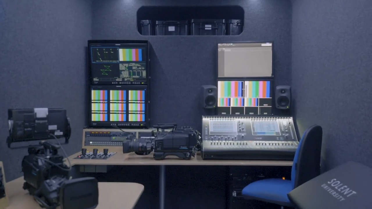 Picture shows inside of Solent University's Outside Broadcast Vehicle