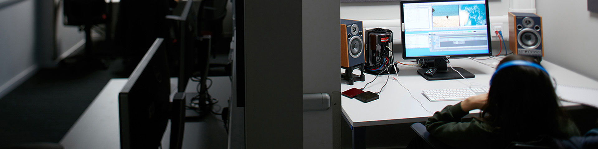 Picture shows editing suite at Solent University