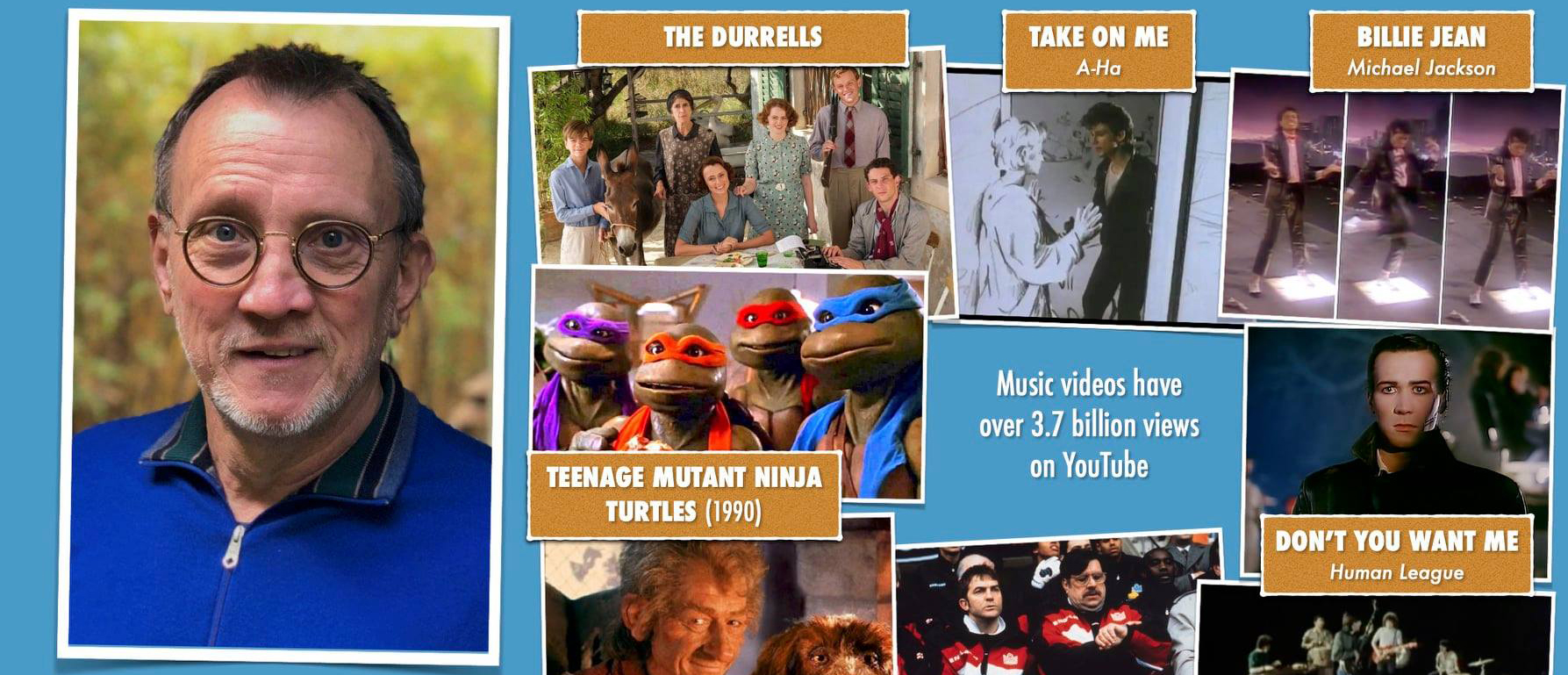 Picture of Steve Barron with music videos and films he has directed.