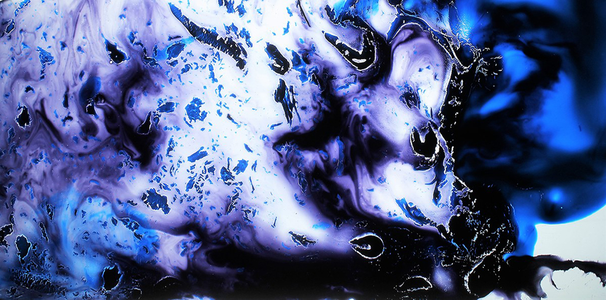 Art from Louann Metcalf's installation in the Versatility installation - swirling blue, black and white pattern