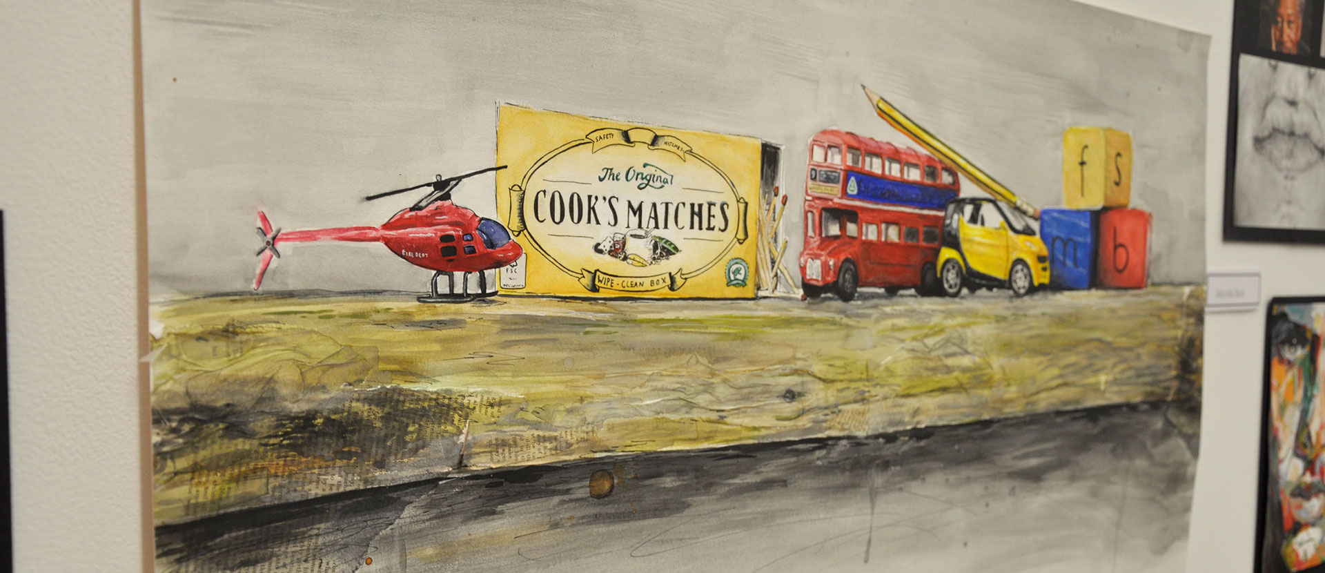A painting of a shelf with a helicopter, bus, car, box of matches, alphabet blocks and pencil on it