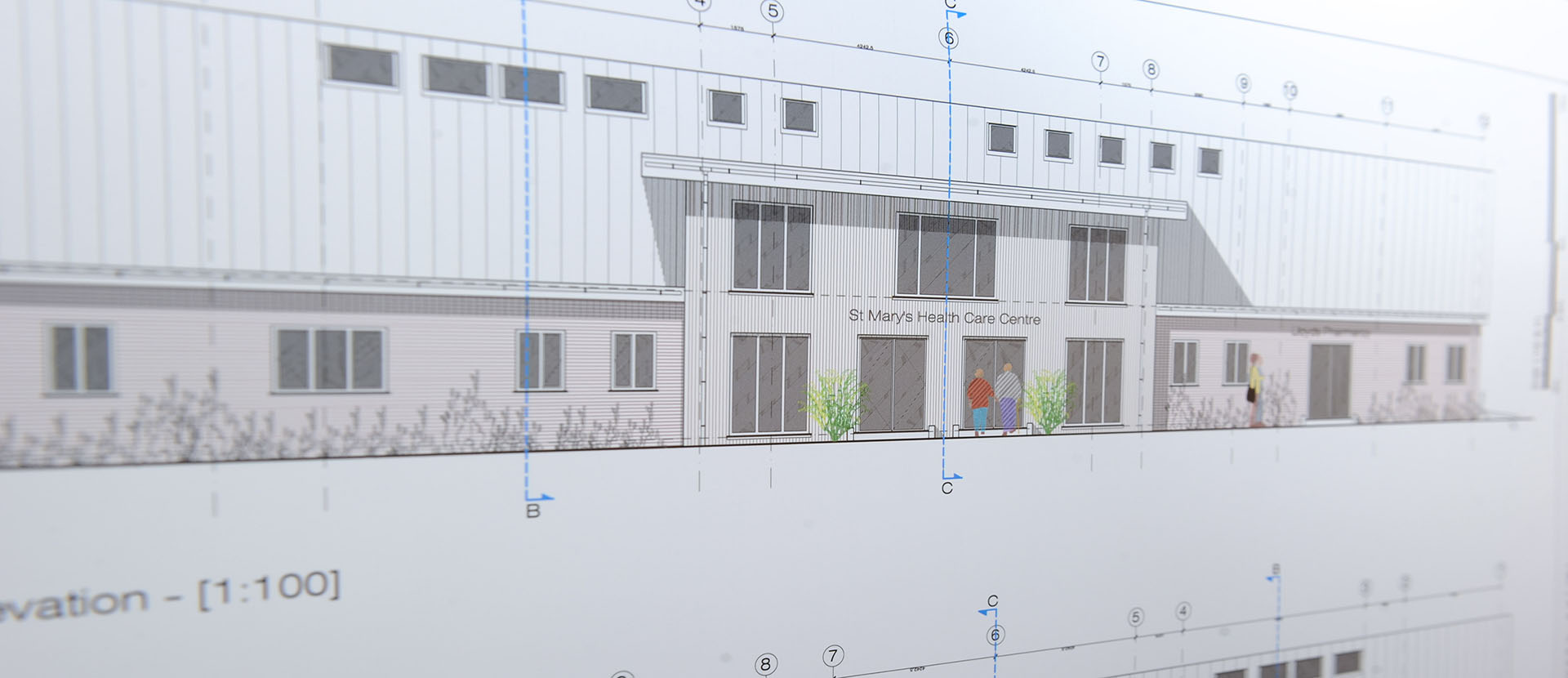 An architectural drawing of a design for a health care centre building
