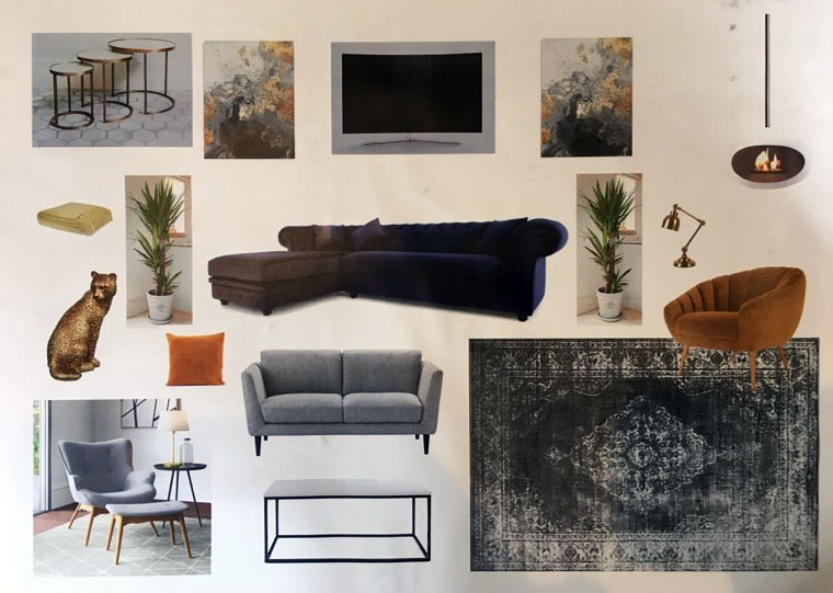 Picture shows mood board containing sofas, plants, rugs and tables
