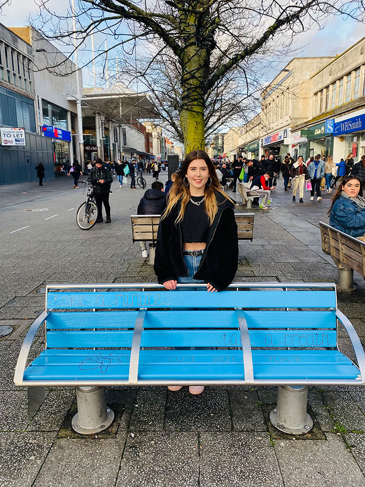 Picture of Jojo with her installed bench on Southampton high-street