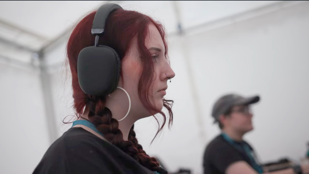 Katie working as a video editor behind the scnes at Boardmasters festival