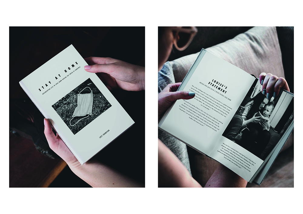 Image shows work designed by Lucy Thompson, featuring a book titled 'Stay at home'