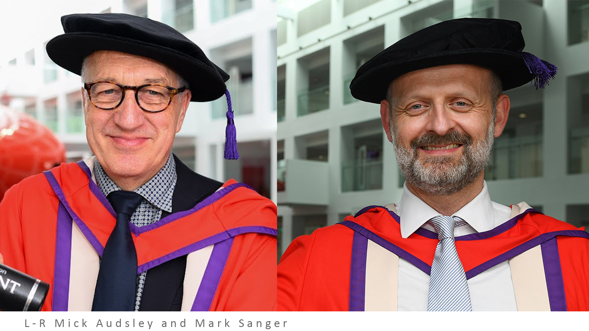 Picture of Mick Audsley (left) and Mark Sanger (right) receiving their Honorary Doctorate awards at Solent University