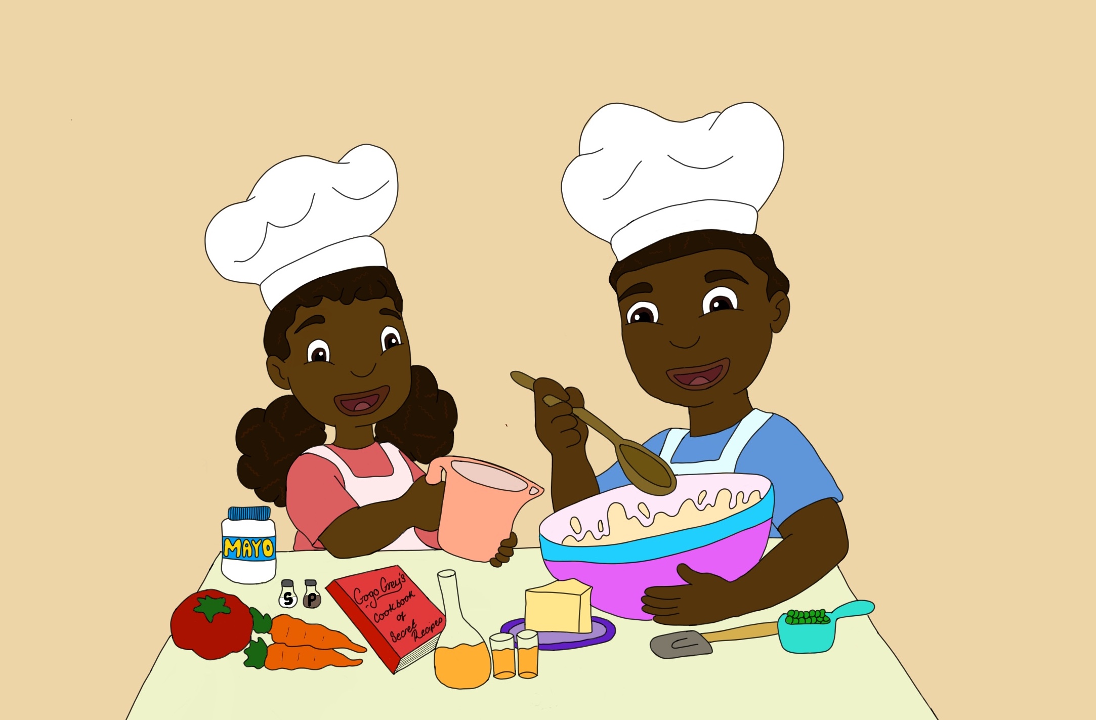 Picture shows two children cooking, and is the cover image from Nishan's new book on Caribbean cooking