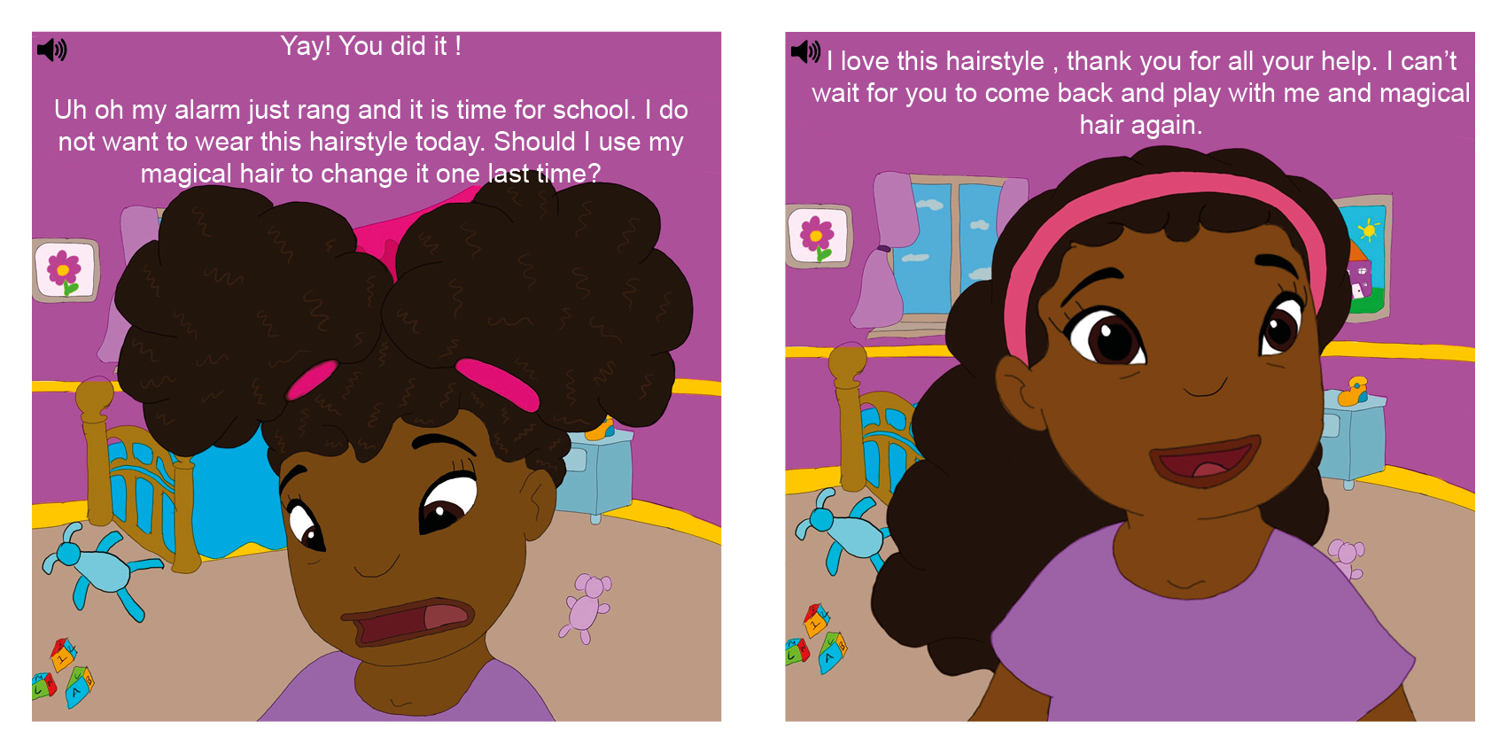 Picture shows two pages from Nishan's e-book focusing on black girls hair