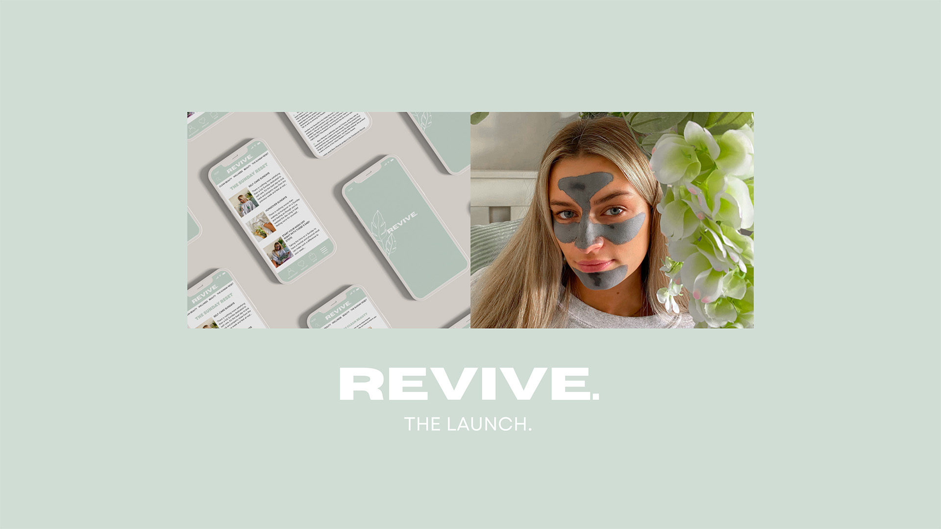 Image shows REVIVE beauty app and a woman wearing a beauty face mask