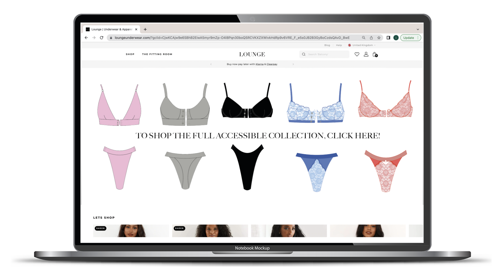 Picture shows website design by Isabelle showing five sets of lingerie