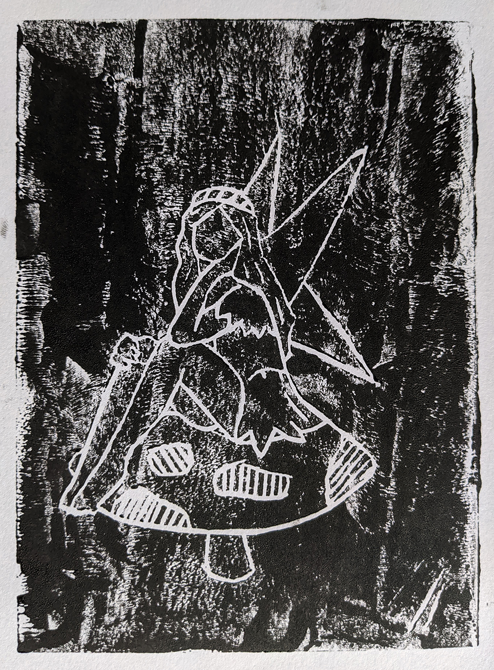 Image shows a black and white screenprinted fairy sitting on a toadstool, image created by Lucy Thompson