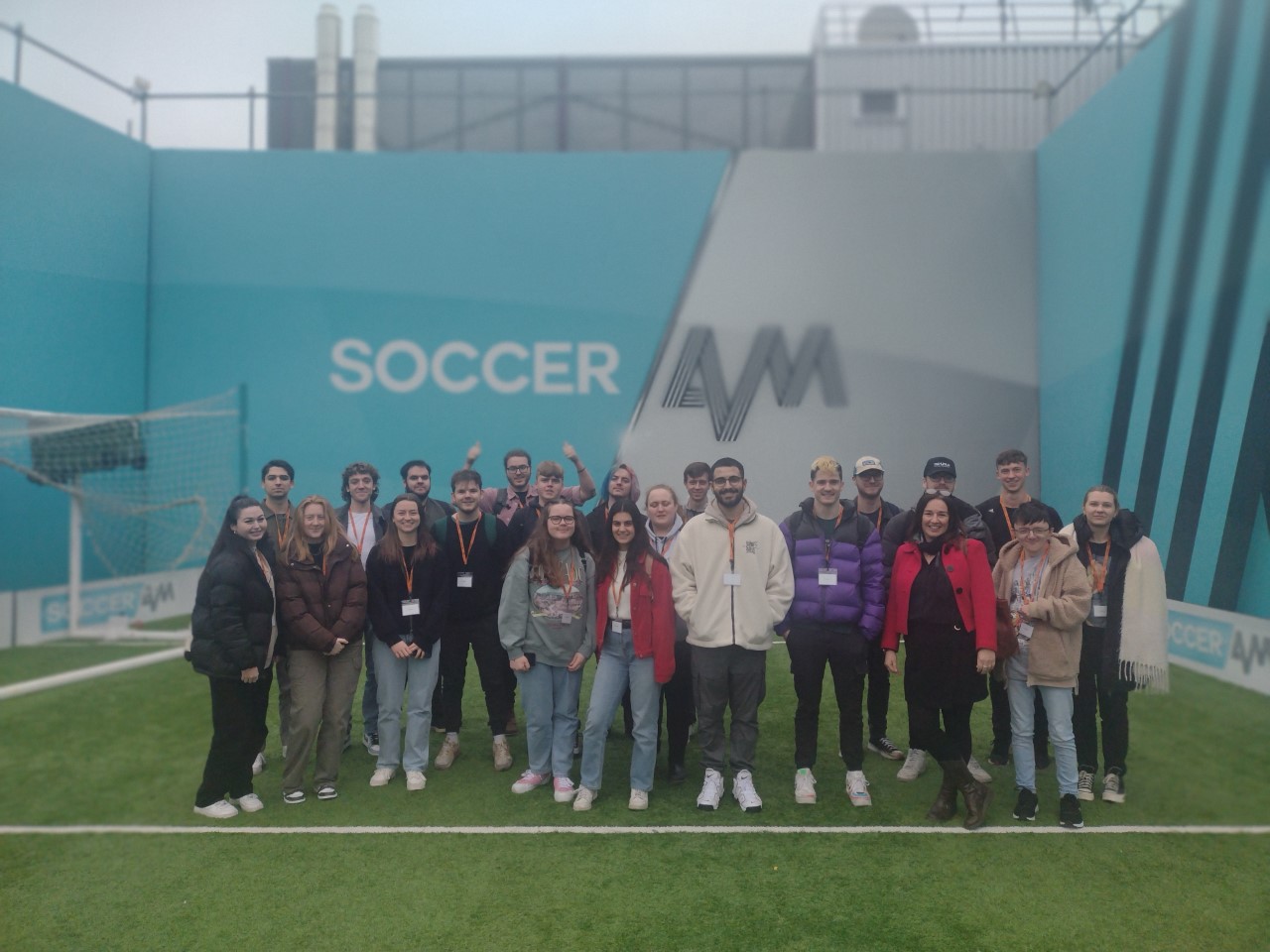 Solent TV production and post-production students in the Soccer AM outdoor studio of Sky Studios, London.