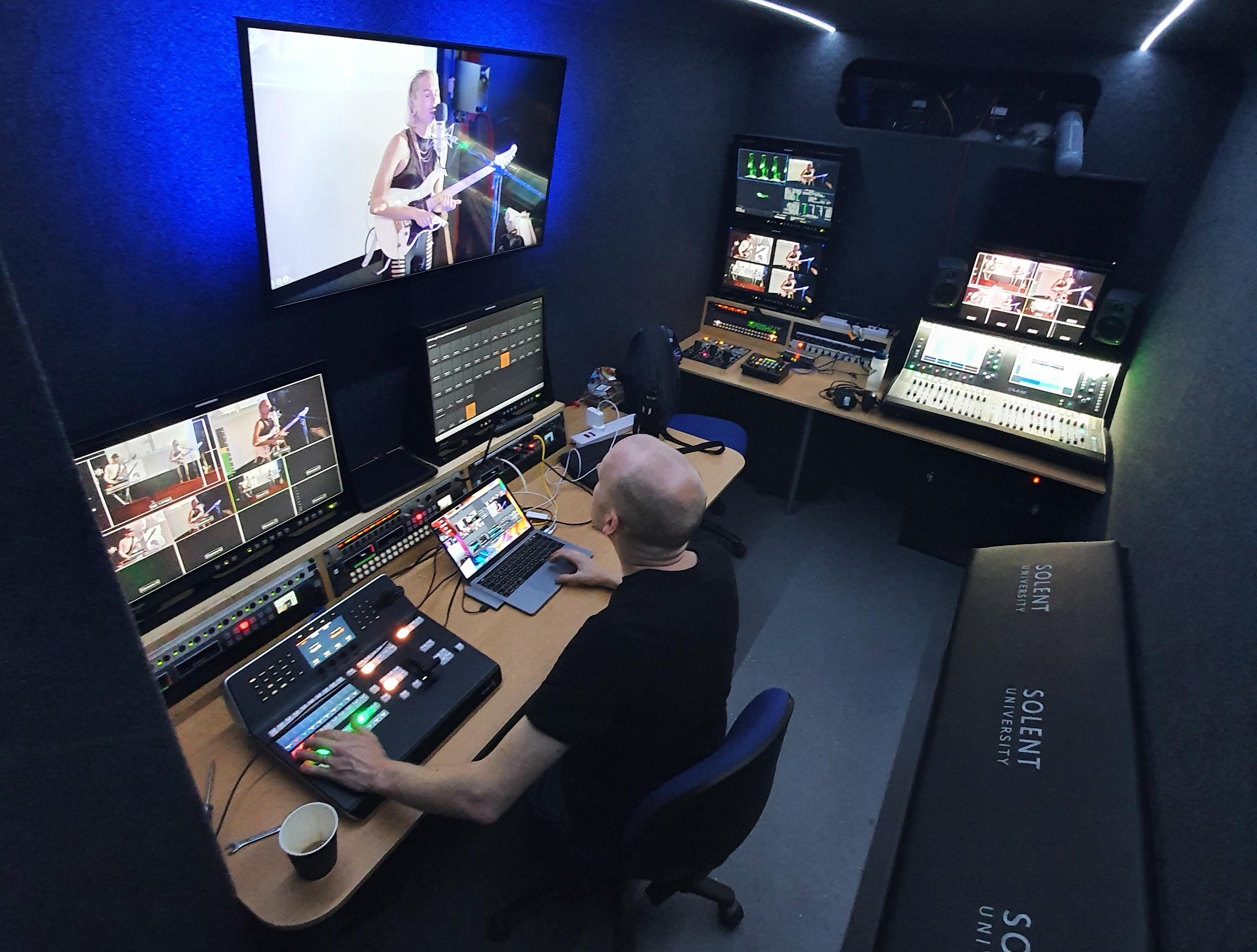 Picture of inside Solent's outside broadcast truck at the gig
