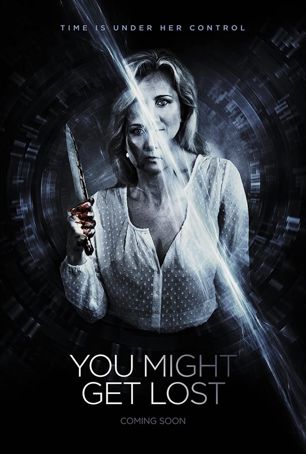 Image shows woman  with knife and the words 'You might get lost' 